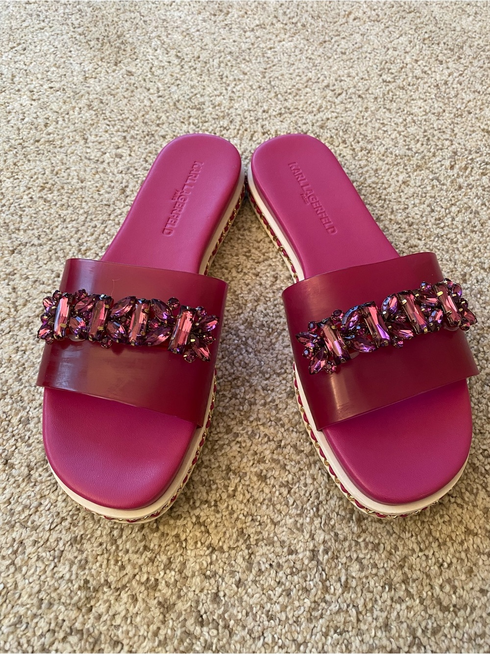Karl Lagerfeld Fuchsia Jeweled Slide Sandals, Sz. 6 - Picture 2 of 6